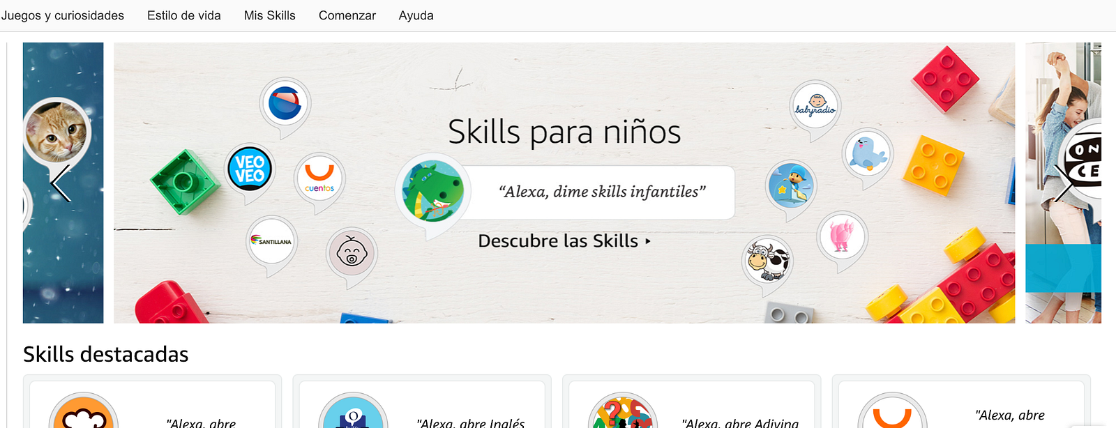 Front page of the Spanish Alexa Skills Store featuring Veo Veo